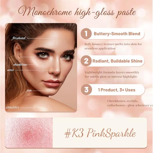 Highlighter Makeup Powder Palette£¬Glossy Face & Body£¬Shimmer Eye & Cheek Glow, Mini Beauty Bomb for Matte Cream & Glitter Essentials (K3 PinkSparkle)