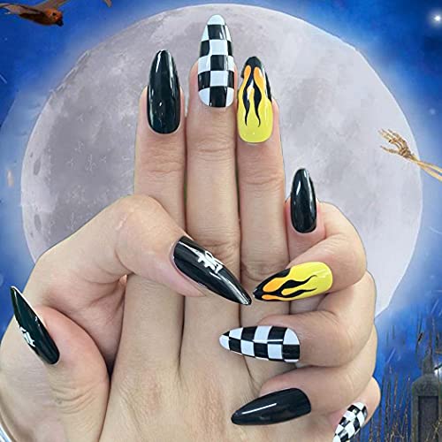 Outyua Stiletto Halloween Long Press on Nails with Design Horror Acrylic Fake Nails Ballerina False Nails Designer Full Cover Nails 24Pcs for Women and Girls (Fire Yellow)