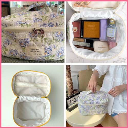 Large Travel Quilted Makeup Bag for Women, Floral Cotton