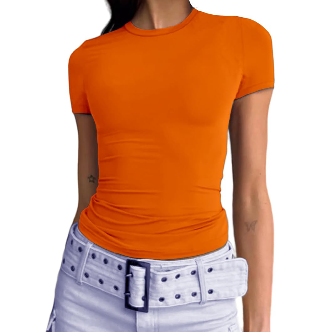 Abardsion Women's Casual Basic Going Out Crop Tops Slim Fit Short Sleeve Crew Neck Tight T Shirts (Orange, S)