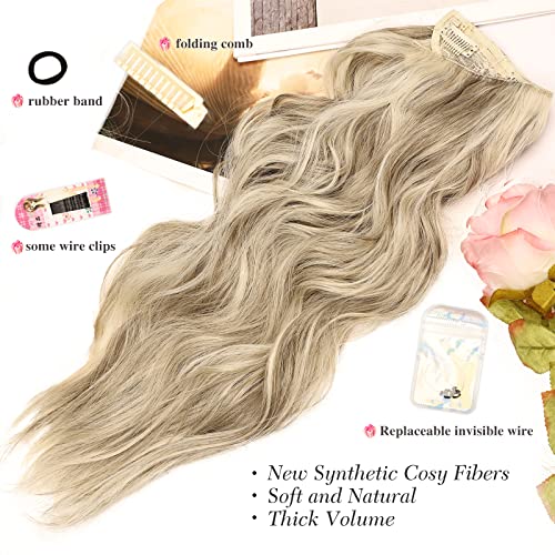 MORICA Invisible Wire Hair Extensions - 20 Inch Halo Hair Extension Long Wavy Synthetic Hairpiece with Transparent Wire Adjustable Size, 4 Secure Clips for Women (Ash Blonde Mixed Light Blonde,20Inch)