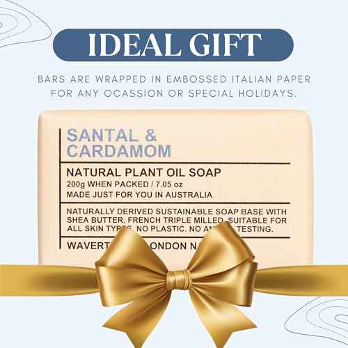 Wavertree & London Santal & Cardamon Scented 100% Natural Soap Bar, 7oz Moisturizing French Triple Milled Soap Bar for Women & Men Enriched with Organic Shea Butter, Pure Bath & Body Soap (1 Bar)