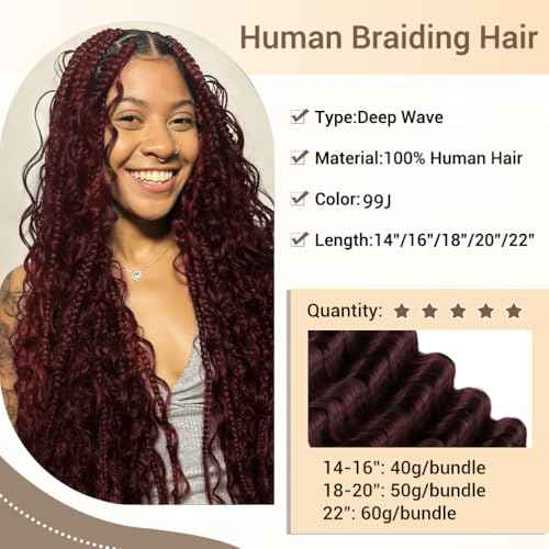 Human Braiding Hair for Boho Knotless Braids 3 Bundles 16 Inches 120g Deep Wave Bulk Human Hair for Braiding Hair Wet and Wavy 10A Brazilian Virgin Human Bohemian Hair for Braiding 99J