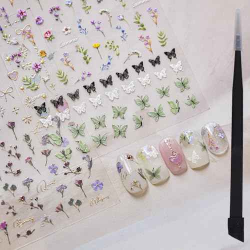 Flower Nail Stickers for Nail Art Decals Charms,5D Embossed Floral Butterfly and Heart Gem, Self-Adhesive 5 Styles Craft Nail Supplies 2 Sheets with Tweezers Kit for Women Decoration