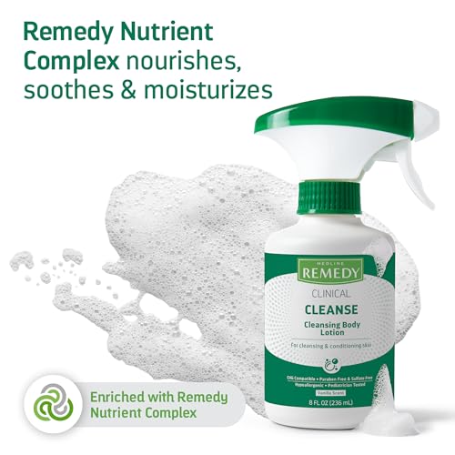 Medline Remedy Clinical Cleansing Body Lotion, 8 Oz Spray Bottle, Vanilla Scent, No-Rinse Bedside Cleanser, Incontinence Care, Moisturizing, Skin Conditioning, Nutrient Rich, Sulfate-Free, Men, Women