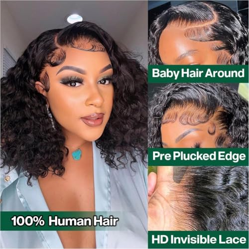 Deep Wave Bob Wig Human Hair 13x4 Hd Lace Front Wigs Human Hair Wear and Go Glueless Wigs Pre Plucked Pre Cut Short Curly Bob Wigs For Women 180% Density 10 inch