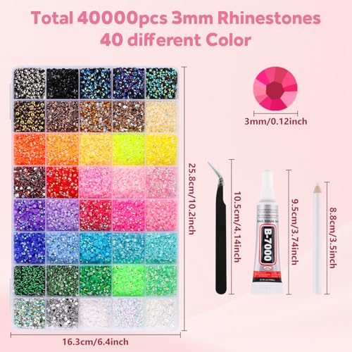 EBANKU 40000Pcs 3mm Flatback Rhinestones Kit, 40 Colors AB Gems