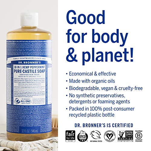 Dr. Bronner's Pure-Castile Liquid Soap- Made with Regenerative Organic Certified Oils- 18-in-1 Uses for Face, Body, Hand, Hair, Laundry & More- Vegan, Non-GMO- All Natural Body Wash- Peppermint,32oz