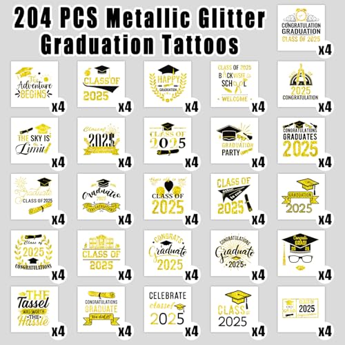 204 Metallic Glitter Graduation Temporary Tattoos Class of 2025