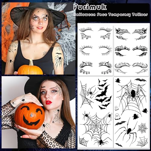 Halloween Face Temporary Tattoos - 12 Sheets Spider Web Skull Bat Eye Makeup