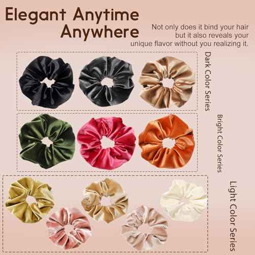 Large Premium Velvet Scrunchie for Women Silky Fabric Hair Ties Soft Ponytail Holder (Rose red Orange Green Grey) 4PCS
