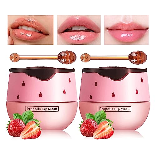 Honey Lip Balm Pot, Propolis Lip Mask, Strawberry Hydrating Propolis Lip Sleeping Mask, Prevent Dry&Cracked, Lip Repair Nourishes the Lip Skin (2pcs Honey & 2pcs Strawberry)