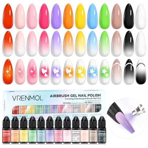Vrenmol 12PCS Airbrush Gel Nail Polish: No Need for Dilution Airbrush Gel Nail Polish 12 Bright Colors for Airbrush for Nails Art Paint Stencils Patterns Gradients Ombre French Nails Manicure Pedicure