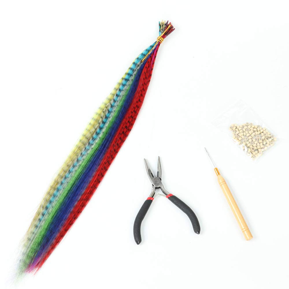 Feather Hair Extension Kit with Synthetic Feathers 100 Beads Plier and Hoo (50 Feather)