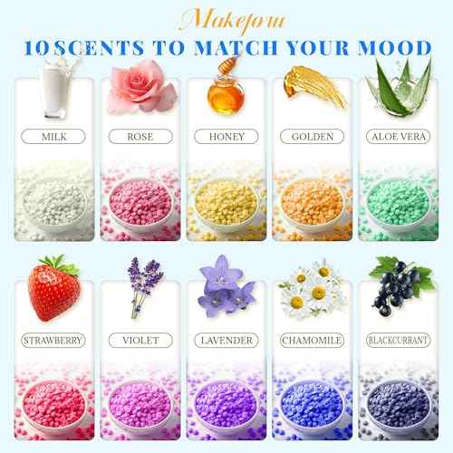 Hair Removal Wax Beads 2.2lb (1000g), Waxing for Whole Body, Painless Hair Removal Waxing for Women and Men, 10 Flavours, Contains 20 Wax Sticks