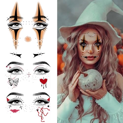15 Pcs Horror Halloween Face Makeup Tattoos Stickers Clown Demon Spider Web Ghost Vampire Eyeshadow Temporary Stickers Scary Fake Blush Freckles Face Tattoos for Day of Dead Carnival Party Decoration