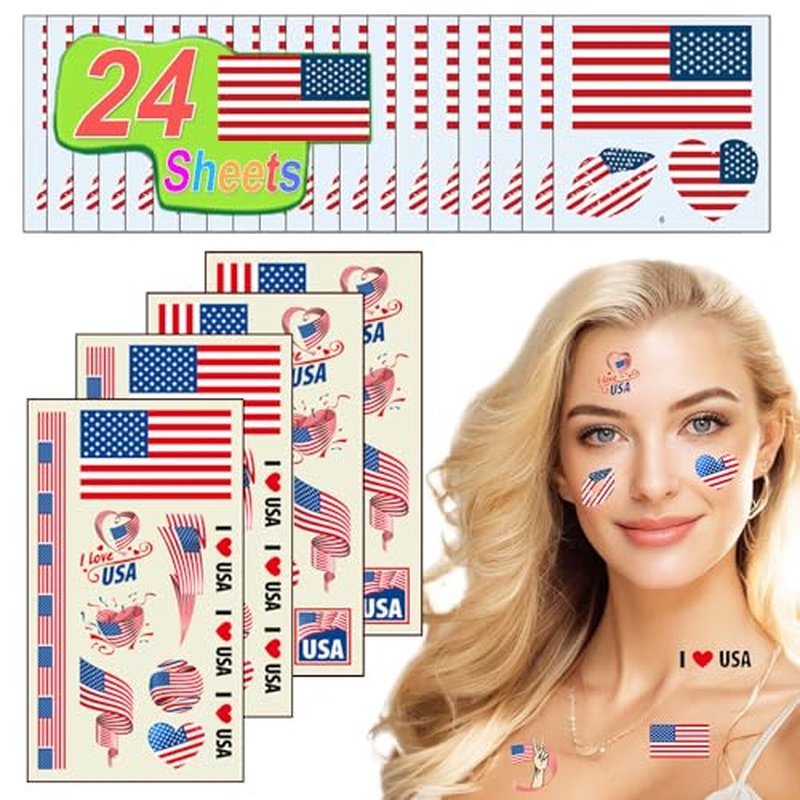 24 Sheet American Flag Temporary Tattoos USA Patriotic Stickers