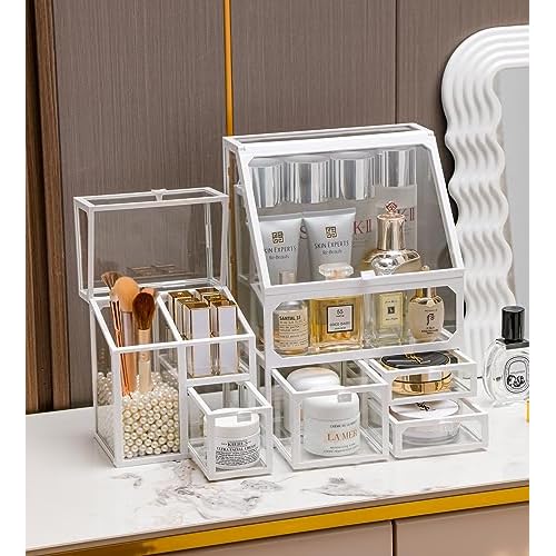 MOOCHI White 3 Pieces Makeup Organizers, glass, Skin Care Organizer, Drawers,Brush Organizer,Countertop Cosmetics Storage Display Case