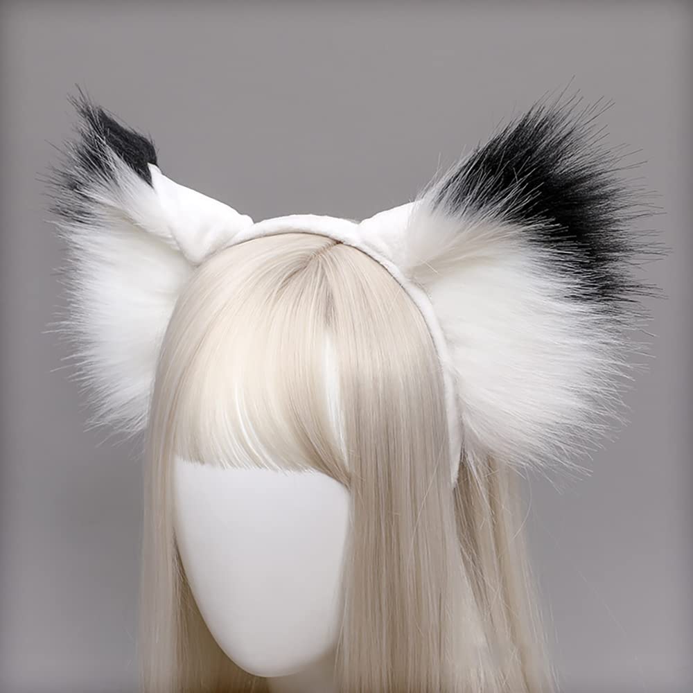 Huralona Faux Fur Cat Fox Ears Headband Flexible Hair Accessory Hairband Handmade Halloween Cosplay Costume Party Dress (F_white black)