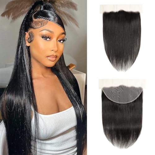 beauty youth 13x6 Lace Frontal with Baby Hair 16inch Transpent HD Transpare Frontal Pre Plucked 12A Lace Closure Free Part Brazilian Virgin Human Hair Lace Frontal with Bangs 180% Density