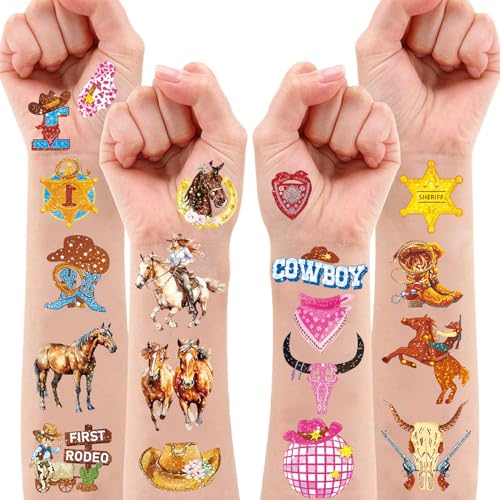 20 Sheets Glitter Western Temporary Tattoos - Cowboy Cowgirl Horse