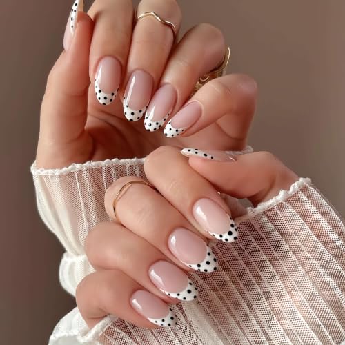 Stbisen Paris Dots Medium Almond Press On Nails Nude Pink French Tips with Black Polka Dots, Reusable Glossy Fake Nails, 24pcs