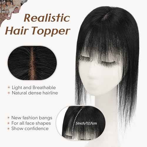 Rich Choices Hair Toppers for Women Real Human Hair 360¡Æ3D Clip in Bangs 100% Remy Human Toppers with Bang for Thinning 150% Density Upgrade Extended 2"*6"Lace Base 08 Inch #01 Jet Black