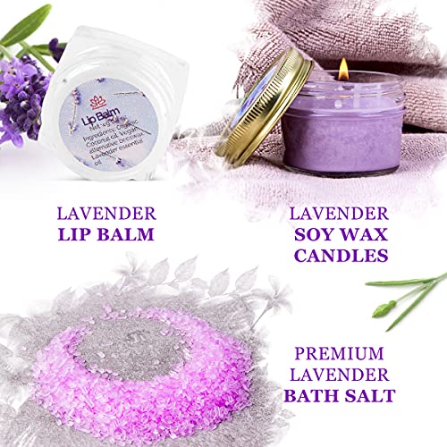 Gift Basket for Women Organic Lavender Gift Set, Bath and Body at Home, Spa Kit, Soy Wax Candle, Natural Oil Bath Salt, 3 Bath Bombs, Soap Bar, Body Sugar Scrub, for Mom, Girls - Made in USA