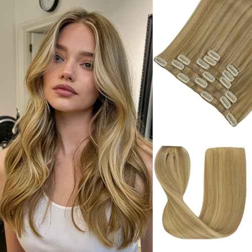 LOVELINE Clip in Hair Extensions Real Human Hair, 100% Remy Human Hair Extensions Clip Ins for Women, 7Pcs 14Inch 120g, Light Blonde Highlighted Golden Blonde