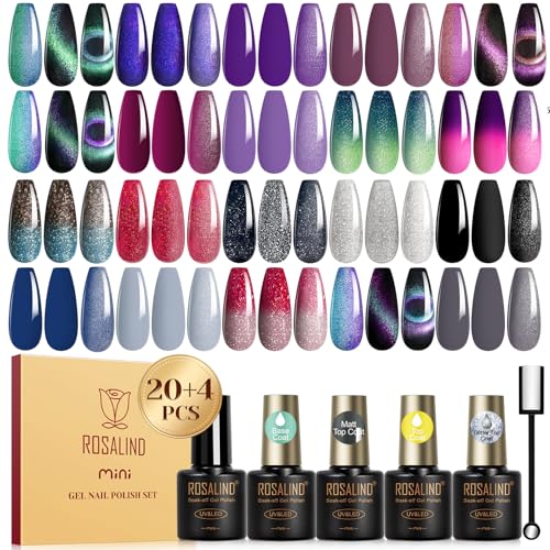 ROSALIND 24Pcs Cat Eye Gel Nail Polish Set with Base & Top Coats