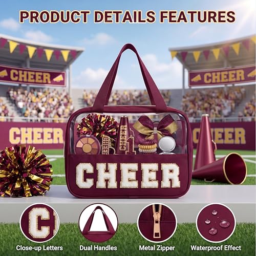 Cheer Makeup Bag with Chenille Letters - Clear Cosmetic Pouch for Cheerleaders