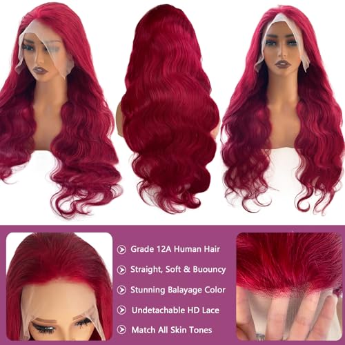 Ubetta 99j Burgundy Lace Front Wigs Human Hair,20 Inch Red Burgundy Wig Glueless 13x6 Body Wave Lace Front Wigs Human Hair Pre Plucked 180 Density 99J Red Burgundy HD Lace Frontal Wig for Black Women