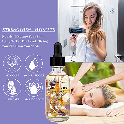 NP NATURES PHILOSOPHY Blue Lotus Multi-Use Oil for Face, Body and Hair - Organic Plant Fragrant Essential Oil for Dry Skin, Scalp and Nails - 2 Fl Oz
