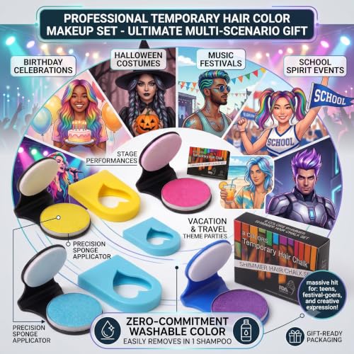 Shimmer Hair Chalk Set - Washable Temporary Hair Color for Festivals & Cosplay, 8 Vibrant Glitter Shades
