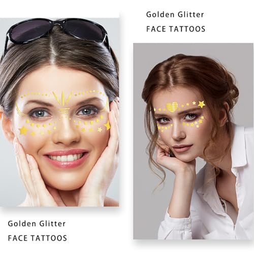 Gold Temporary Tattoos for Women - Glitter Festival Face Stickers