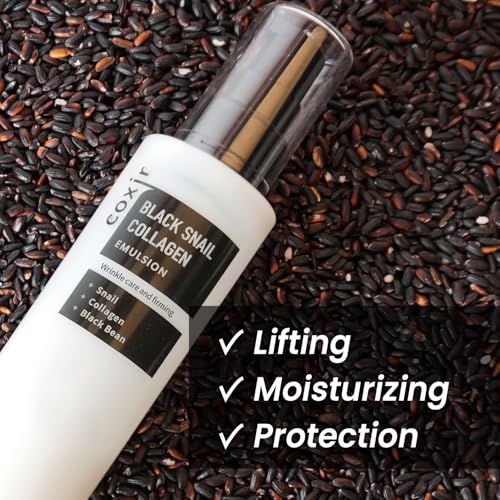 coxir BLACK SNAIL COLLAGEN EMULSION | Black Rice, Snail Mucin, Collagen, Hyaluronic Acid | Lightweight Face Moisturizer | Firming, Nourishing, Korean Skin Care [100ml/3.38 fl.oz] (Pack of 2)