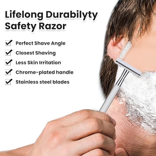 Single Blade Safety Razor With 10 Premium Stainless Steel Blades Double Edge Safety Razors For Men, Smooth Wet Shave Experience, Glossy Silver