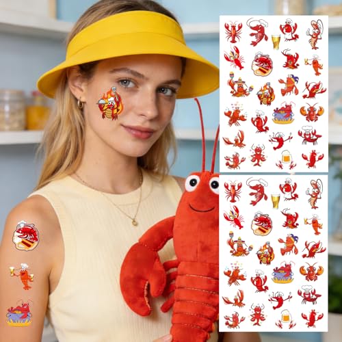 8 Sheets 200+ Crawfish Boil Temporary Tattoos Summer Seafood Lobster Crayfish Shrimp Tattoos Stickers Support Crayfish Boil Theme Birthday Party Favors Gifts Rewards Supplies