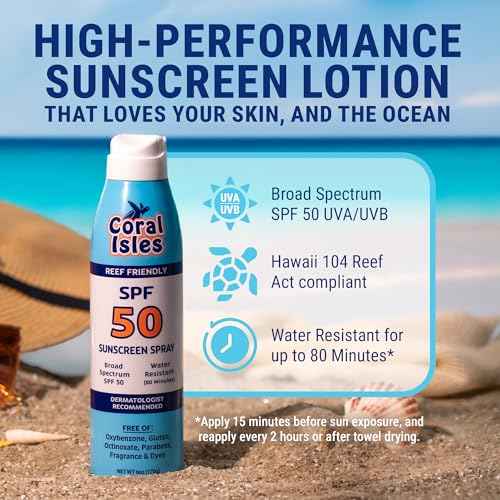 Coral Isles SPF 50 Sunscreen Spray - Hawaii Compliant - Oxybenzone & Octinoxate Free - Broad Spectrum - Water Resistant, 6 Fl Oz (Pack of 2)