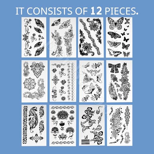 12 Sheets Temporary Self Adhesive Transfer Arabic Arabian Tattoo Tattoos Stickers Black Waterproof Sticker Islamic Muslim Islam Body Henna Word Ramadan Eid Stencils Stencil Temples Body Art Designs