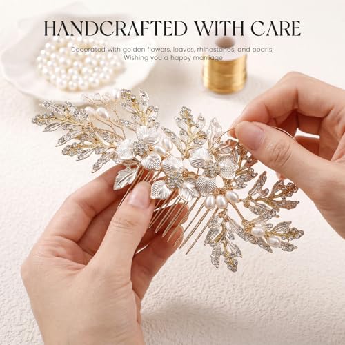 Gold Bridal Hair Comb with Pearls & Rhinestones