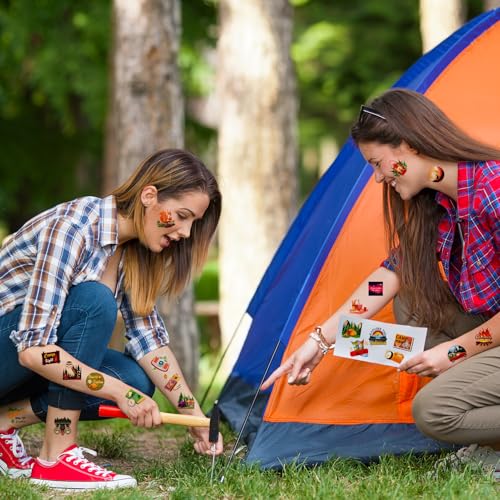 96pcs Camping Temporary Tattoos,Funny Camp Themed Fake Tattoo Stickers for One Happy Camper Birthday Party,Camping Party Favors Supplies Decorations
