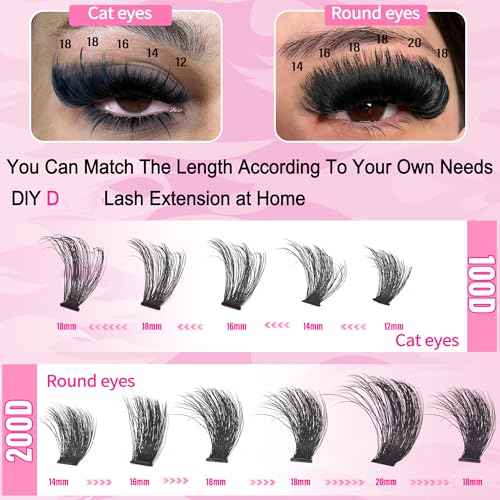 Lash Clusters 100D+200D Mega Thick Lashes Clusters 12-22mm Wispy Individual Thick Volume Lashes Cluster Eyelash Extensions 280Pcs DIY Lash Extension at Home, by Hushlibaby(Plant Fiber)