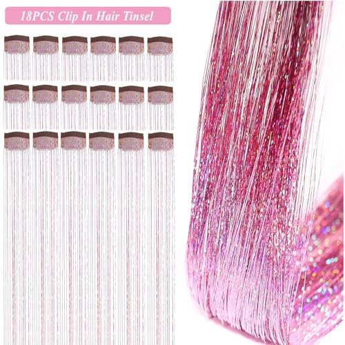 Pink Hair Tinsel Clip-In Extensions Kit - 18 Pieces, Fairy Style
