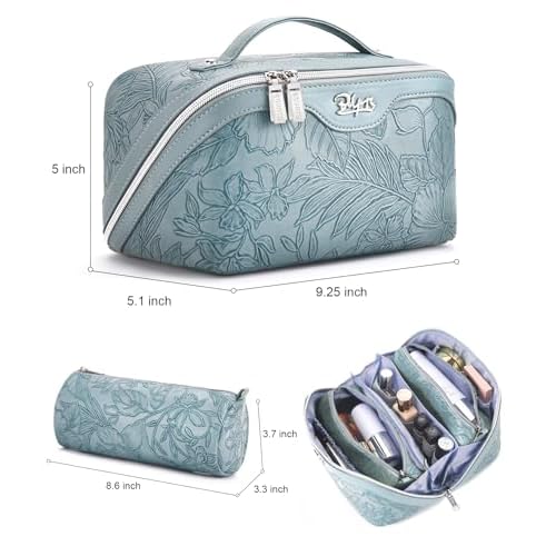 BOYATU Travel Makeup Bags Cosmetic Organizer Bag: 3 Pcs Set Large Capacity Floral Make up Bag with Compartments - Waterproof Leather Toiletry Bags with Handle for Women (01-Light Blue)