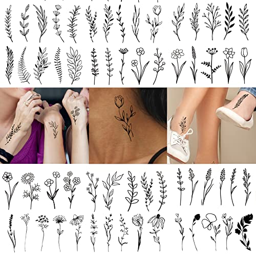 18 Sheets Temporary Tattoos Realistic Floral Black