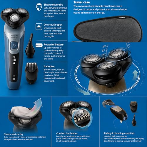 Philips AquaTouch Wet & Dry Electric Shaver for Men, Rotary Razor with Flex Head & Trimmer