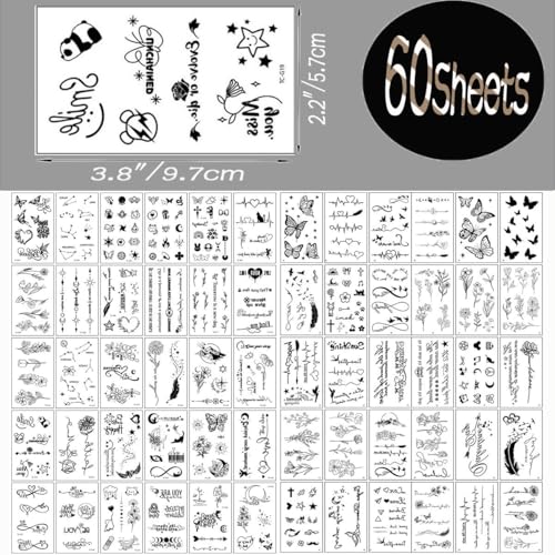60Sheets Temporary Tattoos Stickers Small Tattoos Women Men Finger Hands Tiny Mini Fake Tattoos Stickers Waterproof Body Art for Adult Neck Arms Legs Shoulder Back