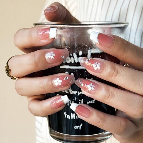 Veil Press On Nails 10pcs, Pink Cherry Blossom Gradient UV Gel/Acrylic False Nails, Elegant Floral French Tip Spring Blossom Nail Art for Women, Cute Pastel Flower Soft Glam Nail Set (Pink, M)