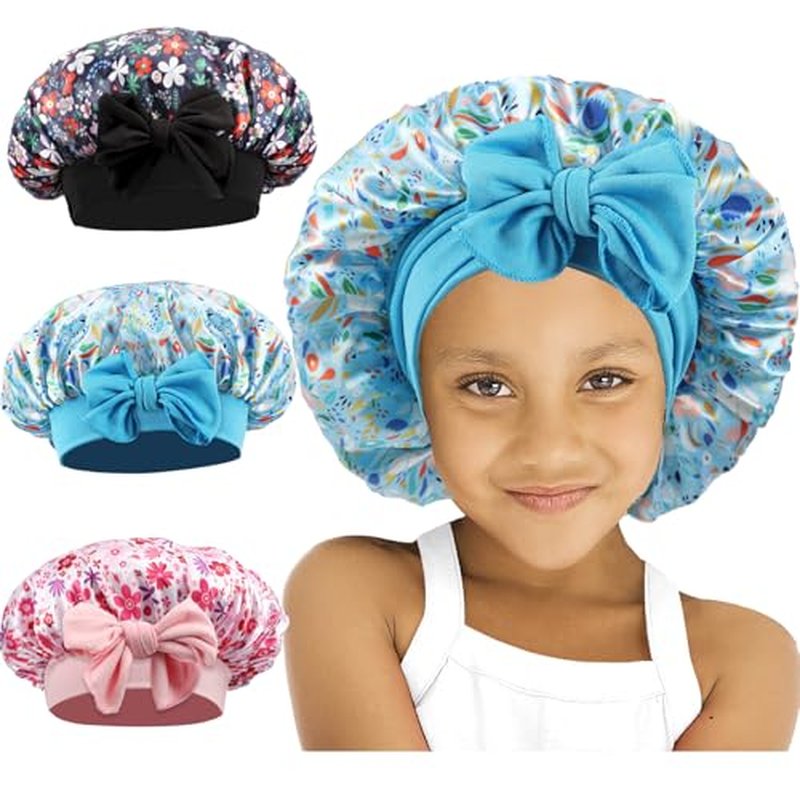 3 Pcs Kids Satin Bonnet,Soft Silk Bonnet for Kids,Kids Hair Satin Bonnet for Sleeping with Elastic Wide Band,Colorful Night Hats for Girls Toddler Teens Natural Hair(3 Colors)